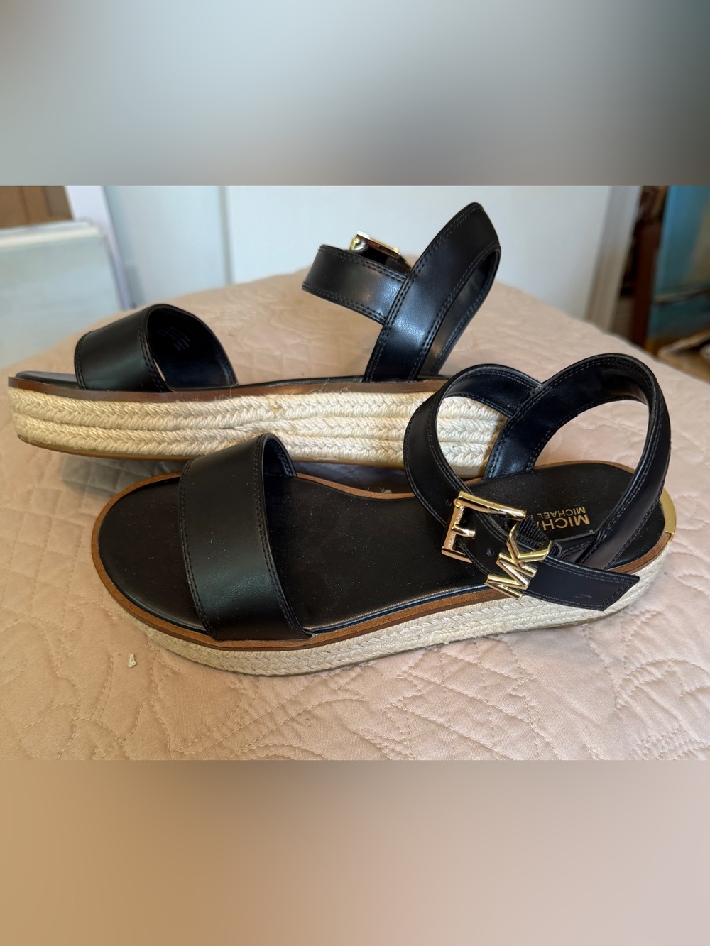 Michael Kors Black Leather Espadrille Platform Sandal with Gold Buckle - Picture 3 of 6